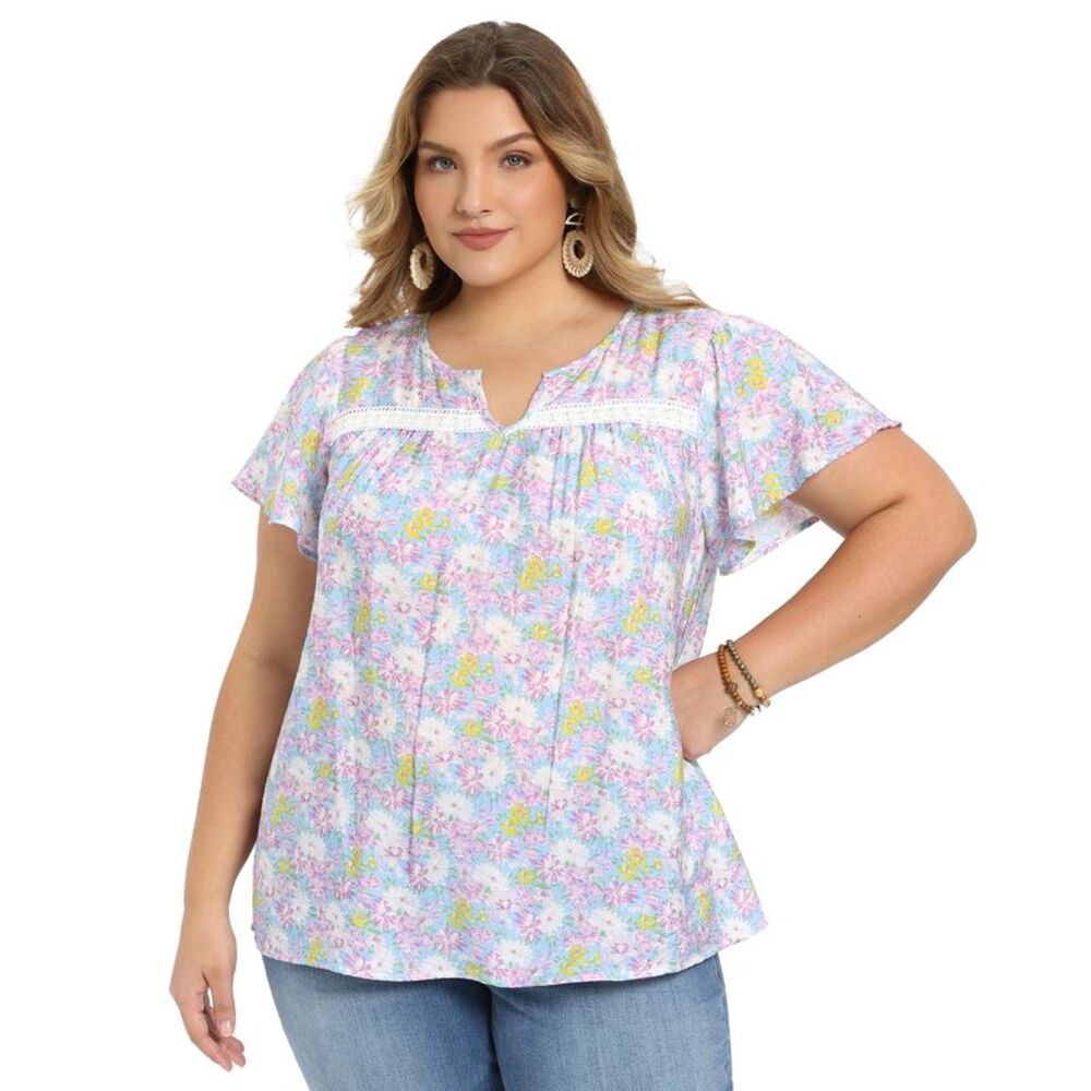 Women Plus Size Summer Vacation V Neck Notch Top Blouse Light Purple